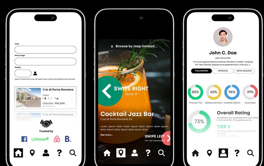 Krabcut app UI mockups for student rentals